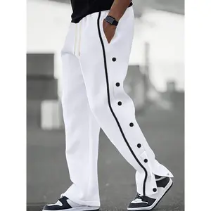 Men's Casual Polyester Sweatpants with Button Detail, Solid Color Knit Fabric, Regular Fit, Elastic Waistband, for Weekend Wear and Festive Occasions - Fall/Winter Collection