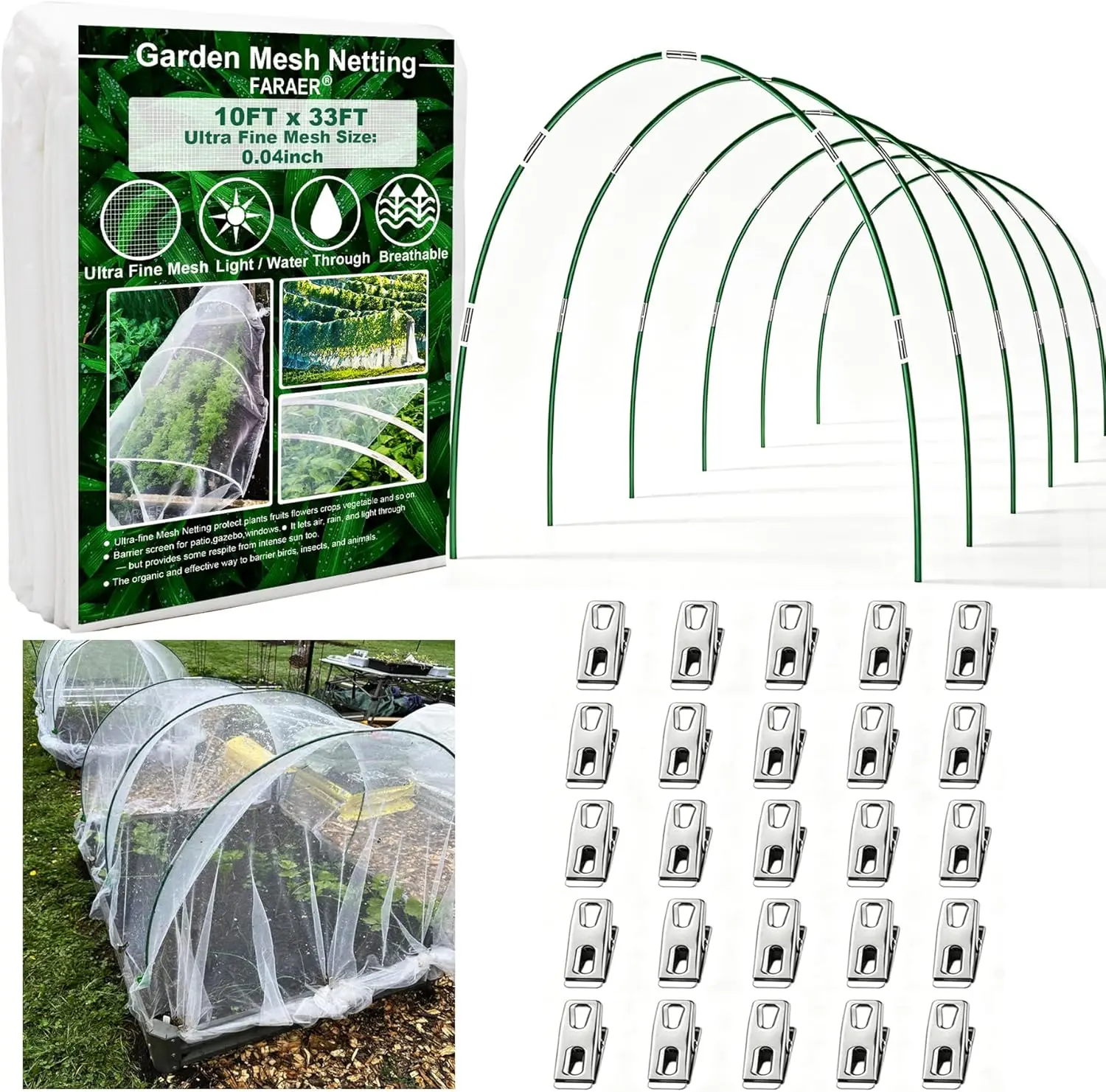 Garden Netting Kit for Raised Beds Bugs Out, Vegetable Garden Pest Barrier 10x33ft Ultra Fine Insect Netting Garden Bed Covers & 6 Sets of 8ft Fiberglass Garden Hoops (6 Sets Garden Hoops with White10x33ft Garden Netting)
