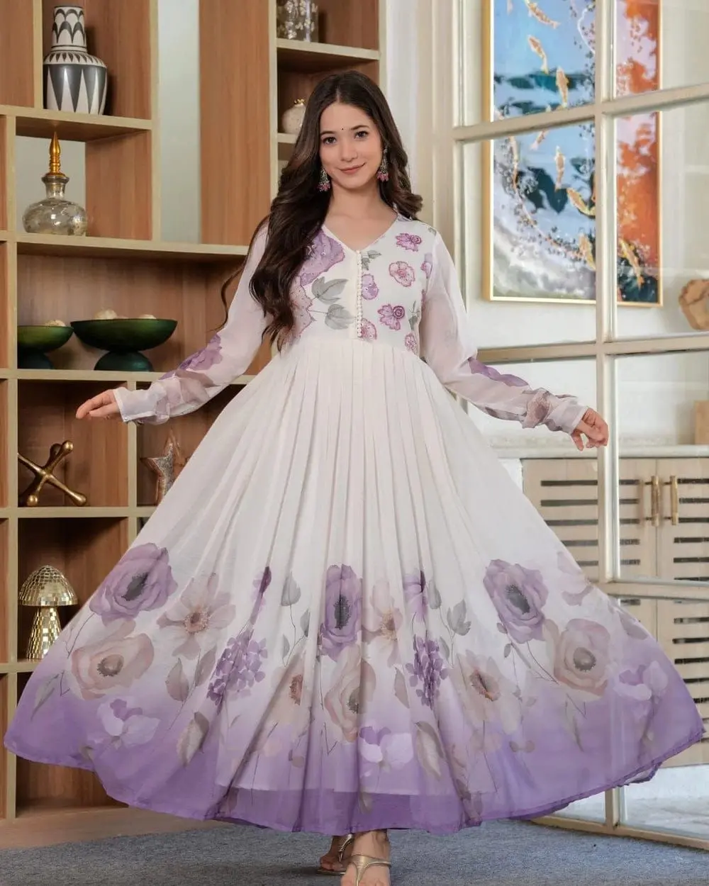 Women's Digital Print Anarkali Suit Set with Dupatta Soft Chiffon Fabric Hand Work Full Sleeves Maharaja Silk Pant Georgette Dupatta Embroidered Border