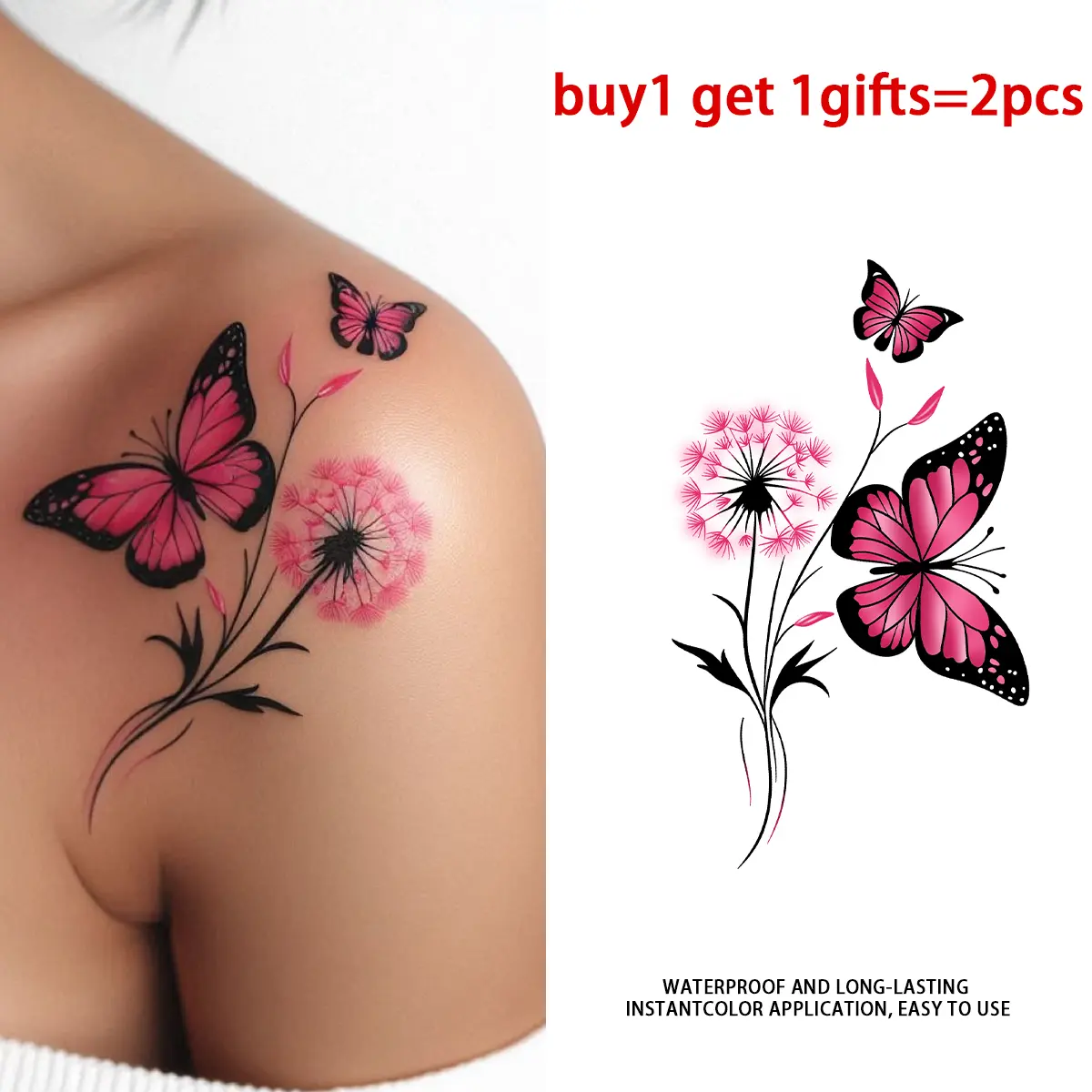 Pink Butterfly Dandelion Temporary Tattoo Stickers - 2 Sheets Semi-Permanent Waterproof Realistic Fake Tattoos, Single Item for Women, All Skin Types Ideal for Swimming, Party, Beach