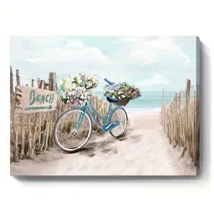 Large Coastal Framed Canvas Painting - 1-Piece Aqua Blue Ocean Seascape Wall Art, Wooden Framed Tranquil Beach Picture, Modern Coastal Decor for Bathroom, Bedroom, 2D Flat Ready-to-Hang Home Wall Decor