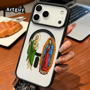 Magnetic Soft Case for iPhone 17 16  Pro Max Plus 15 14 13 12 11 Air E Non-Yellowing Drop Protection Transparent Acrylic Jesus and Mary Pattern Shockproof Silicone Cover Supports Wireless Charging