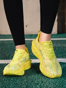 Unisex Fluorescent Yellow Splash-Ink Mesh Running Shoes: Thick Sole Shock-Absorbing + Breathable Flyknit, Professional Marathon Sneakers
