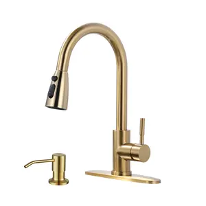 WOWOW Brushed Gold Kitchen Faucet with Soap Dispenser, Stainless Steel Kitchen Faucet for Sink, Single Handle Luxurious Gold Kitchen Sink Faucet with Sprayer