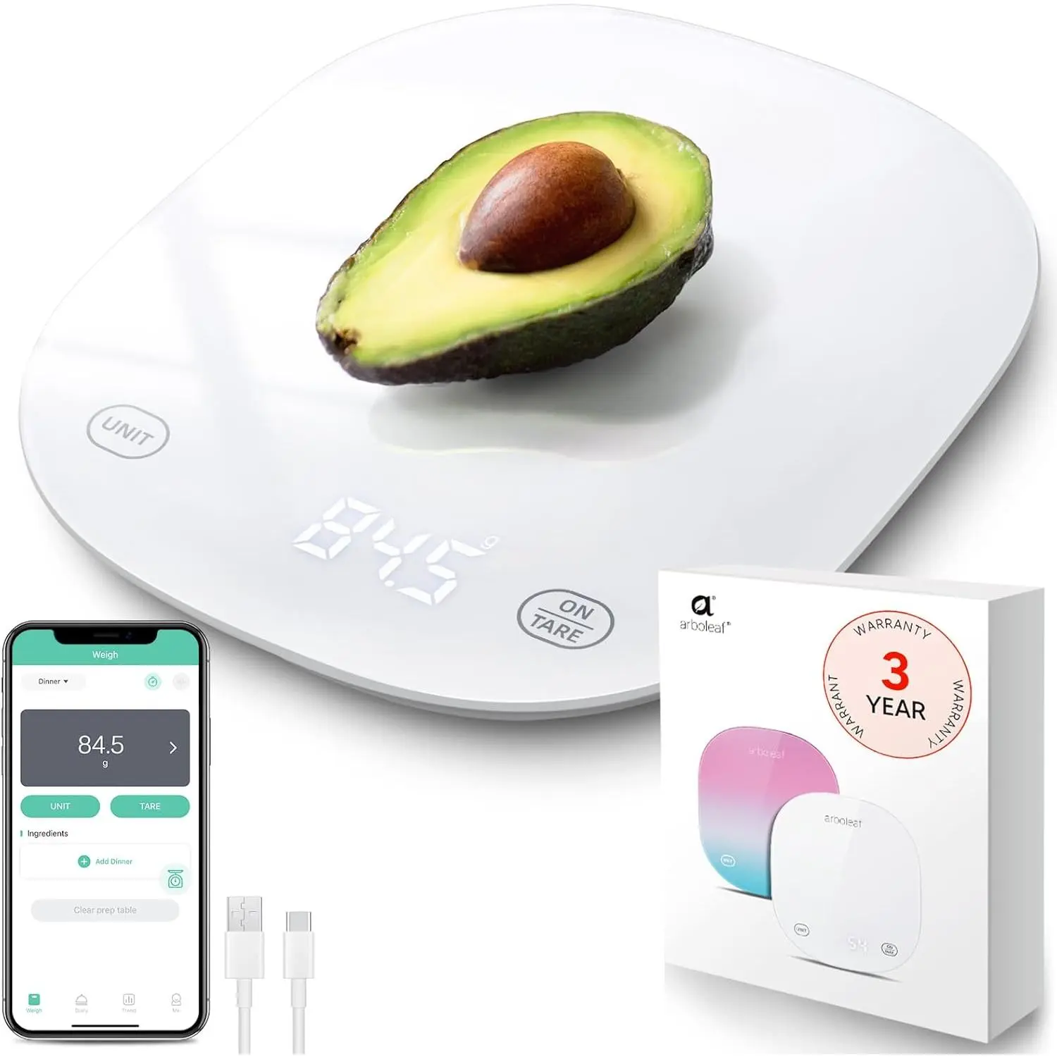 Smart Food Kitchen Scale, 22lb Digital Food Scale with Nutritional Calculator, USB Rechargeable, Smart Weighing with App for Macro, Keto, Calorie, Cooking, Grams and Ounces, 0.1oz/0.5g, White