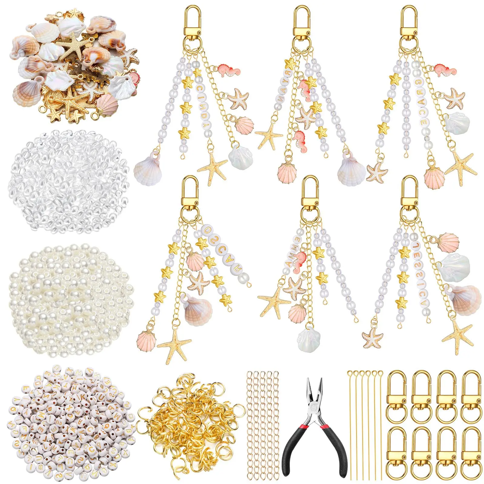 776Pcs Seashell Keychain Making Kit - Ocean Theme DIY Craft Supplies with Starfish, Pearl Beads, Seahorse Charms & Alphabet Letter Beads, Personalized Jewelry Kit with Tools for Backpacks & Purses
