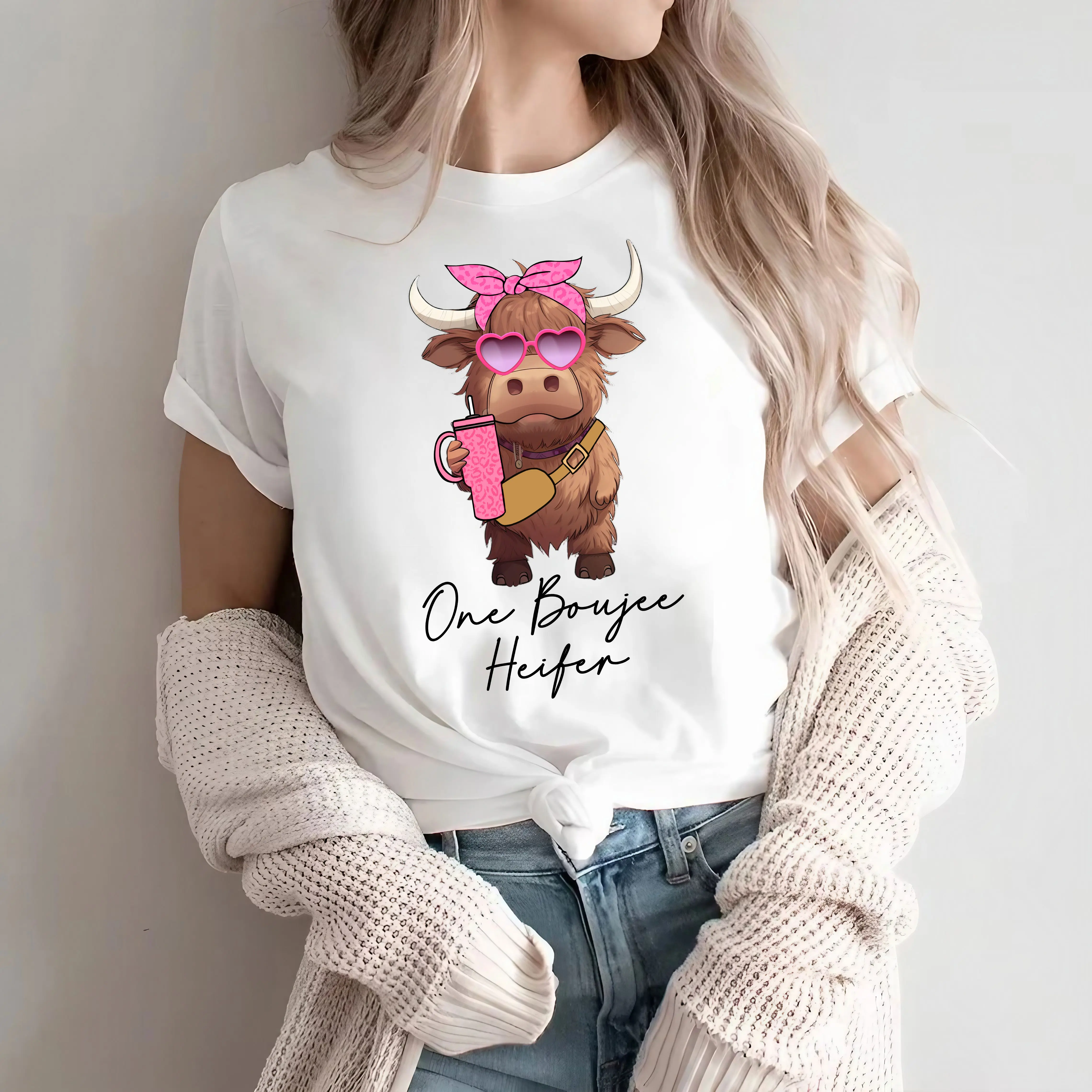 One Boujee Heifer Valentine Shirt, Cute Pink Highland Cow T-shirt, Valentines Day Gifts for Her Tees