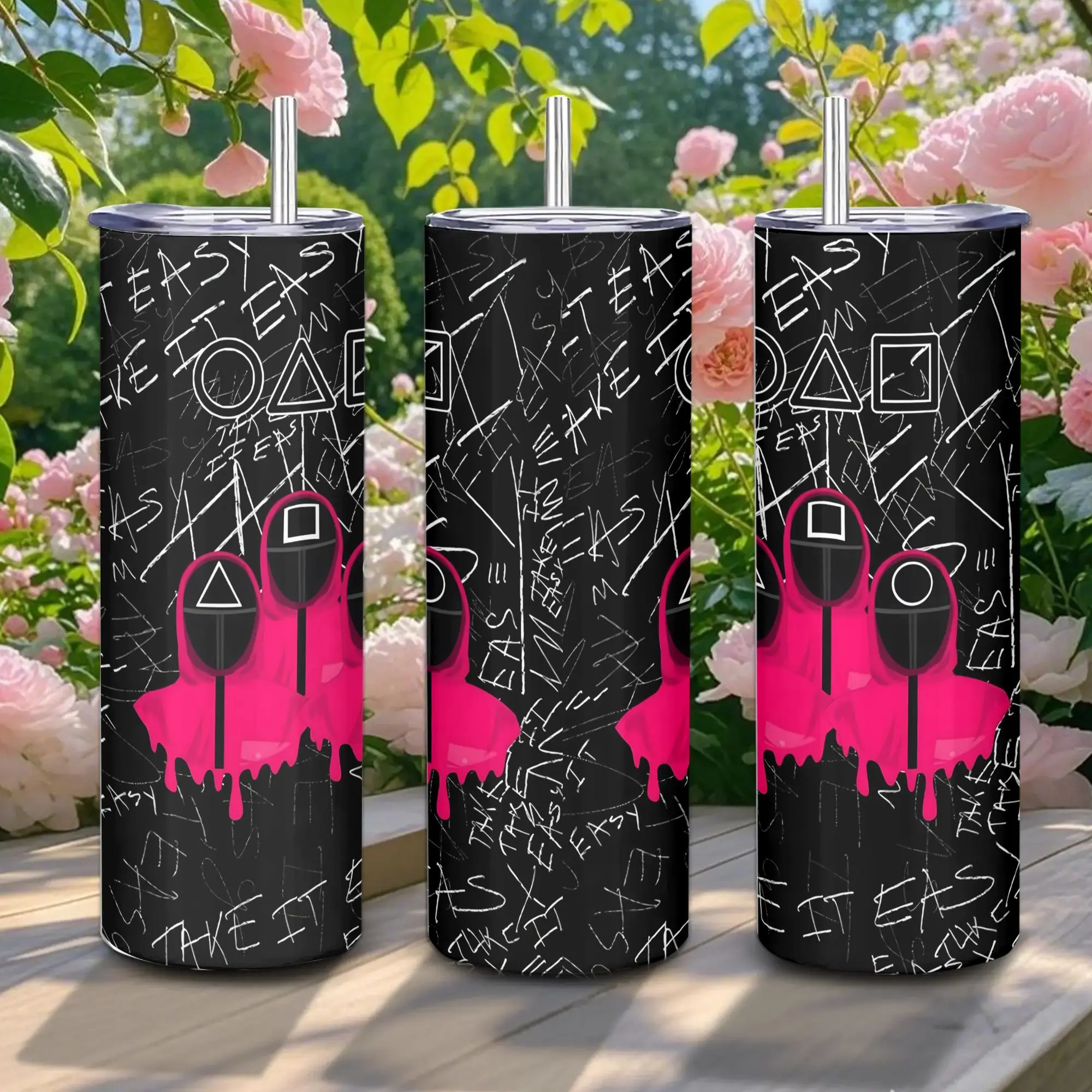 20oz Premium Stainless Steel Leakproof Tumbler - Insulated Vacuum Flask with Lid, Convenient Straw, Lightweight Squid Game Pattern, Portable Insulated Cup for Coffee, Road Trips, Boyfriend Gift (Kitchenware Drinkware-20oz-75), Travel Tumbler