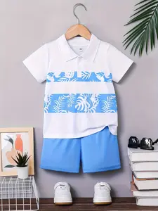 Boys Summer New Set, Comfortable Breathable Thin Short Sleeve Polo Shirt with Casual Shorts, Simple Fresh Leaf Print, Outdoor Activities