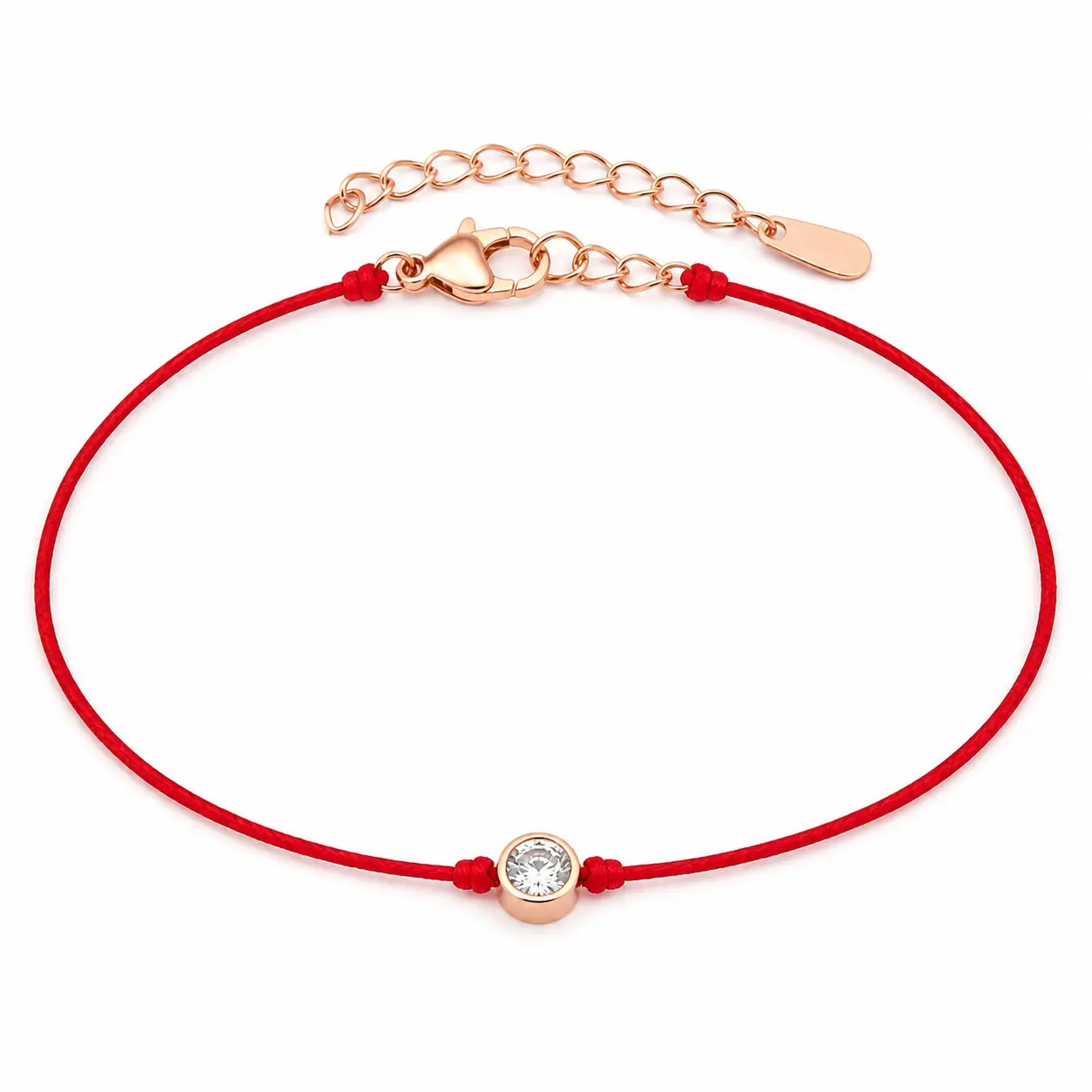 Single Stone Red String Bracelet for Women, Titanium Steel 16+2cm Adjustable Cord Bracelet with Clear Crystal-Look Accent, Rose Gold Silver White Gold Minimal Jewelry Gift