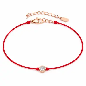 Single Stone Red String Bracelet for Women, Titanium Steel 16+2cm Adjustable Cord Bracelet with Clear Crystal-Look Accent, Rose Gold Silver White Gold Minimal Jewelry Gift