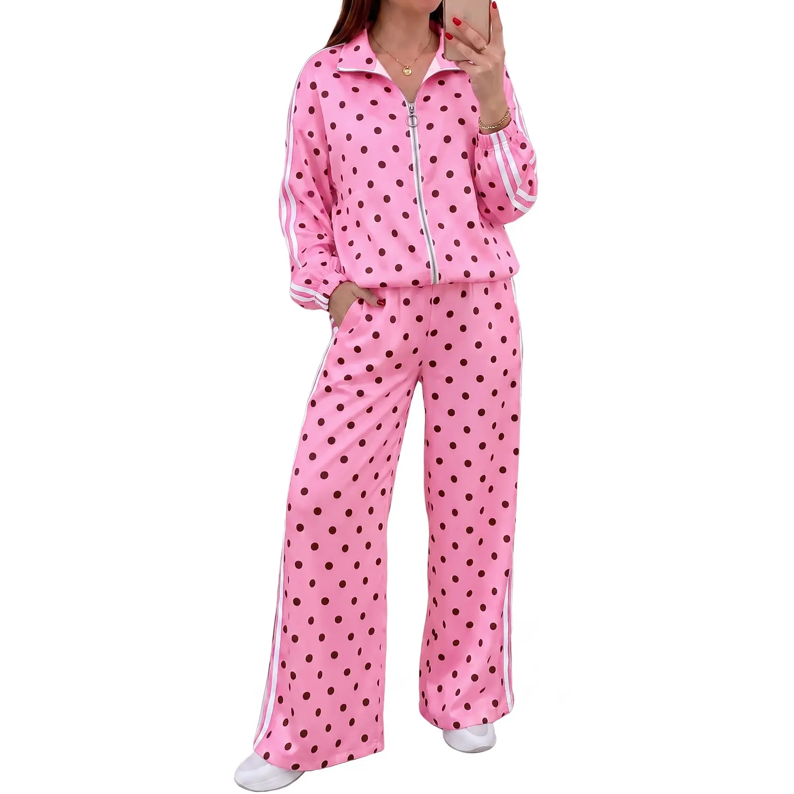 Fisoew Women's 2-Piece Polka Dot Tracksuit - Lightweight Cute Clothes, Zip-Up Collar Long-Sleeve Jacket, Striped Wide-Leg Pants, Comfortable Fabric Casual Loungewear Set, Women's 2 Piece Set