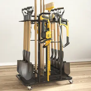 SOYEEZE Garden Tool Organizer,Yard Tool Holder for Garage with Wheels,Garden Tool Cart, Shed Organization Stand Rack with Hooks,Lawn Tool Storage for Long-Handled Shovel,Broom,Rake,Farm Tools