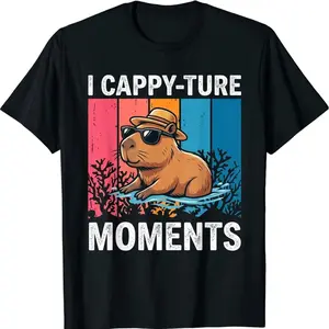 Humorous Capybara Graphic T Shirt Retro Vintage Sunset I Cappy Ture Moments Tee for Men Women Animal Enthusiasts