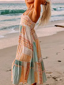 Women's Sleeveless Spaghetti Strap Square Neck Casual Sundress - Multi-Color Bohemian Patchwork Print Outfits