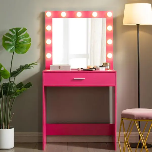 [Bellawave] Vanity Desk with Mirror and Lights, Dressing Table with Large Drawer, 1 Level Storage Dresser & 3 Lighting Modes Adjustable Brightness, Suitable for Bedroom(Pink)