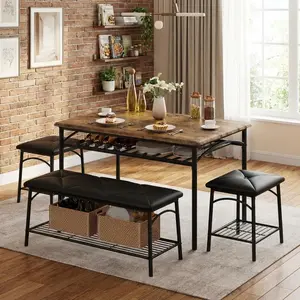 Garvee Dining Table Set for 4, Kitchen Table Set with 2 Chairs and 1 Bench, Modern Metal Frame Dining Furniture Set with Storage Rack for Small Space, Apartment, Restaurant