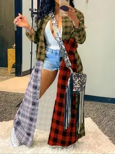 Women's Colorblock Plaid Print Button Front Longline Shirt Blouse, Fitted Casual Long Sleeve Top for Summer, Women's Clothing for Daily Wear, Womenswear