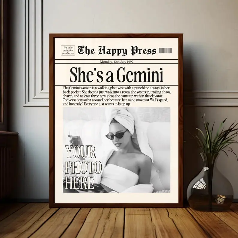 Custom Newspaper Style Gemini Zodiac Poster, Girl Fashion Wall Decor