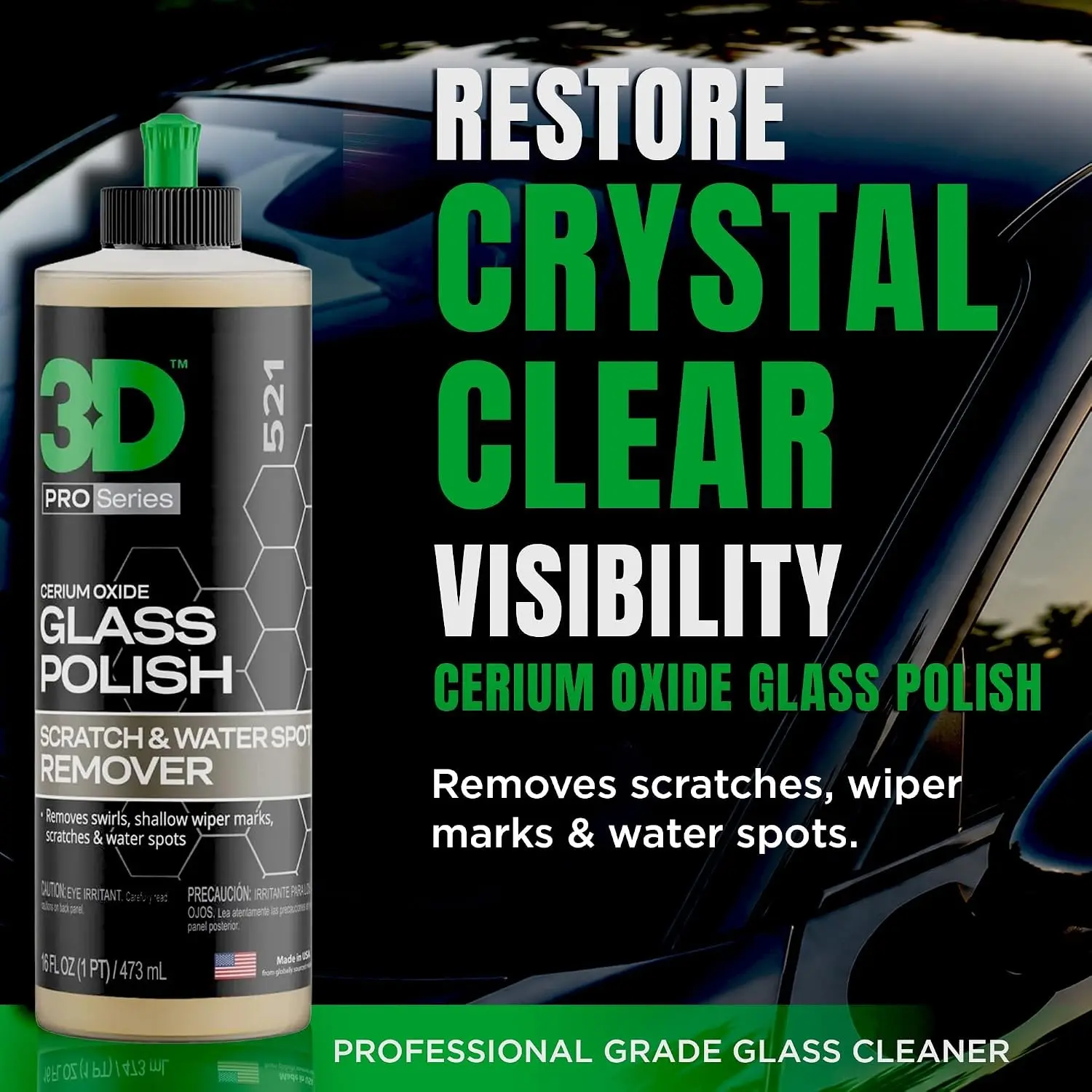 3D Glass Polish – Cerium-Oxide Based Window Polish, Light & Fine Glass Scratch Remover for Car Windows – Restores Clarity & Removes Wiper Marks, Swirls, Water Spots - 16oz