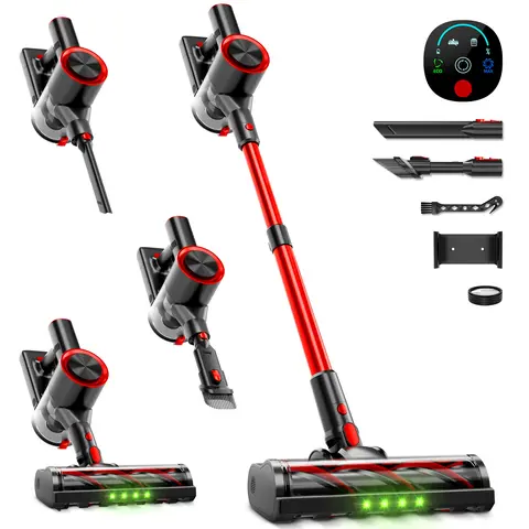 Cordless Stick Vacuum Cleaner - Self-Standing, Lightweight High Performance Modern Cordless Vacuums, LED Display, for Home Users, Pet Hair, Hard Floor Cleaning (Red), sohochic