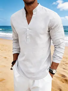 Mens Linen Henley Shirts Lightweight Breathable Long Sleeve Yoga Tops Casual Summer Beach T-shirt
