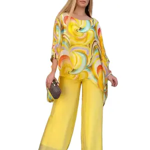 Women's Summer Chiffon Outfits Two Piece Set Floral Print Round Neck Tops & Pants Skirt Casual Loungewear Beachwear Vacation Outfits Hot Weather Clothes Baggy Loose Womenswear Suits