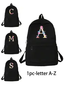 Pink Letter Flower Printing Unisex Shoulder Backpack,Casual Daypack,Outdoor Sport Bag,Large Capacity Travel Hiking Rucksack Canvas Bags,Casual School Bag Backpacks,Laptop Organizer Zipper Bag For Men Women Teenager Student, Tready Backpack