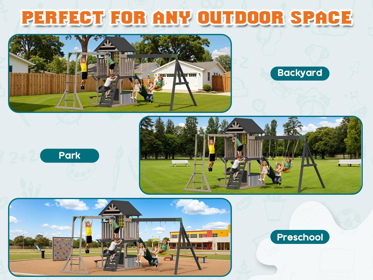 ALBOTT 3 Different Size Wooden Swing Set for Kids, Large Outdoor Wood Playhouse with Double Towers, Wave Slides, Swings, Climbing Wall & Ladder, Backyard Playground for Ages 3–8