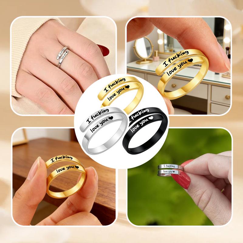 "I Fcking Love You" Adjustable Ring for Women and Men – Stainless Steel Engraved Heart Spiral Wrap Twist, Vintage Promise Ring, Perfect Valentine's Day Gift for Wife or Girlfriend