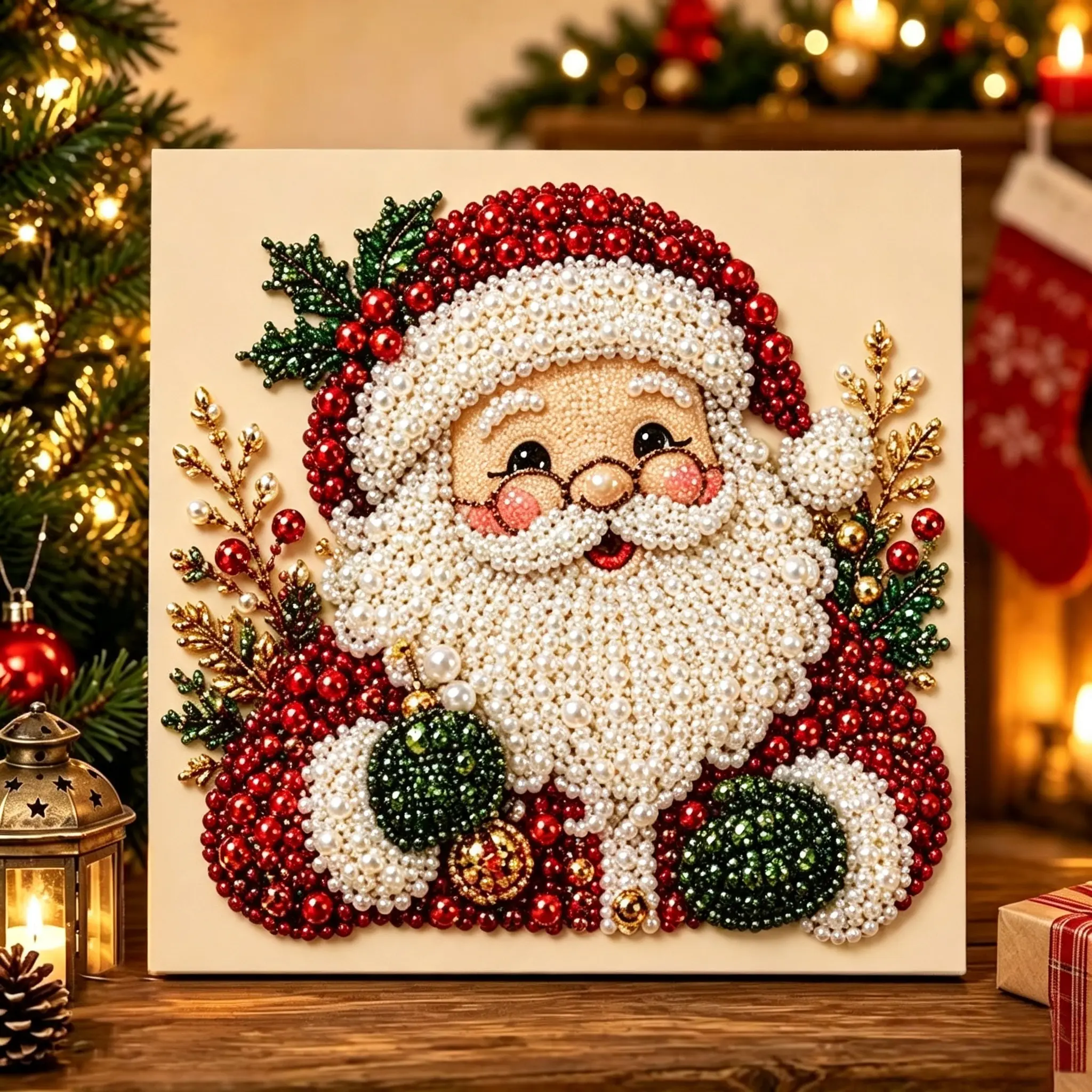 DIY Christmas Pearl Diamond Painting Art Kit with frameless, 3D Beaded Craft Mosaic for Adults Beginners Santa Tree Reindeer Wreath Stocking Home Wall Decor Relaxing Stress Relief Gift