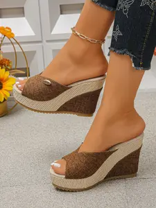 Women's New Fashion Open-Toe Wedge Slippers Summer Sandal, Solid Color Thick Sole, Round Toe, Medium Width, Textile Upper, Rubber Sole