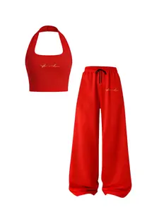 Spring Summer Y2K Style Halter Crop Top Sportswear Set, Sleeveless Letter Pattern Camisole & Drawstring Straight Leg Pants, Gym Yoga Casual Wear Sweatsuit Sets