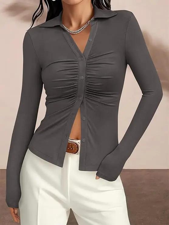 Womens' Button Down Shirts V Neck Collared Ruched Slim Fit Long Sleeve Shirt Casual Fall Fashion Ladies Tops