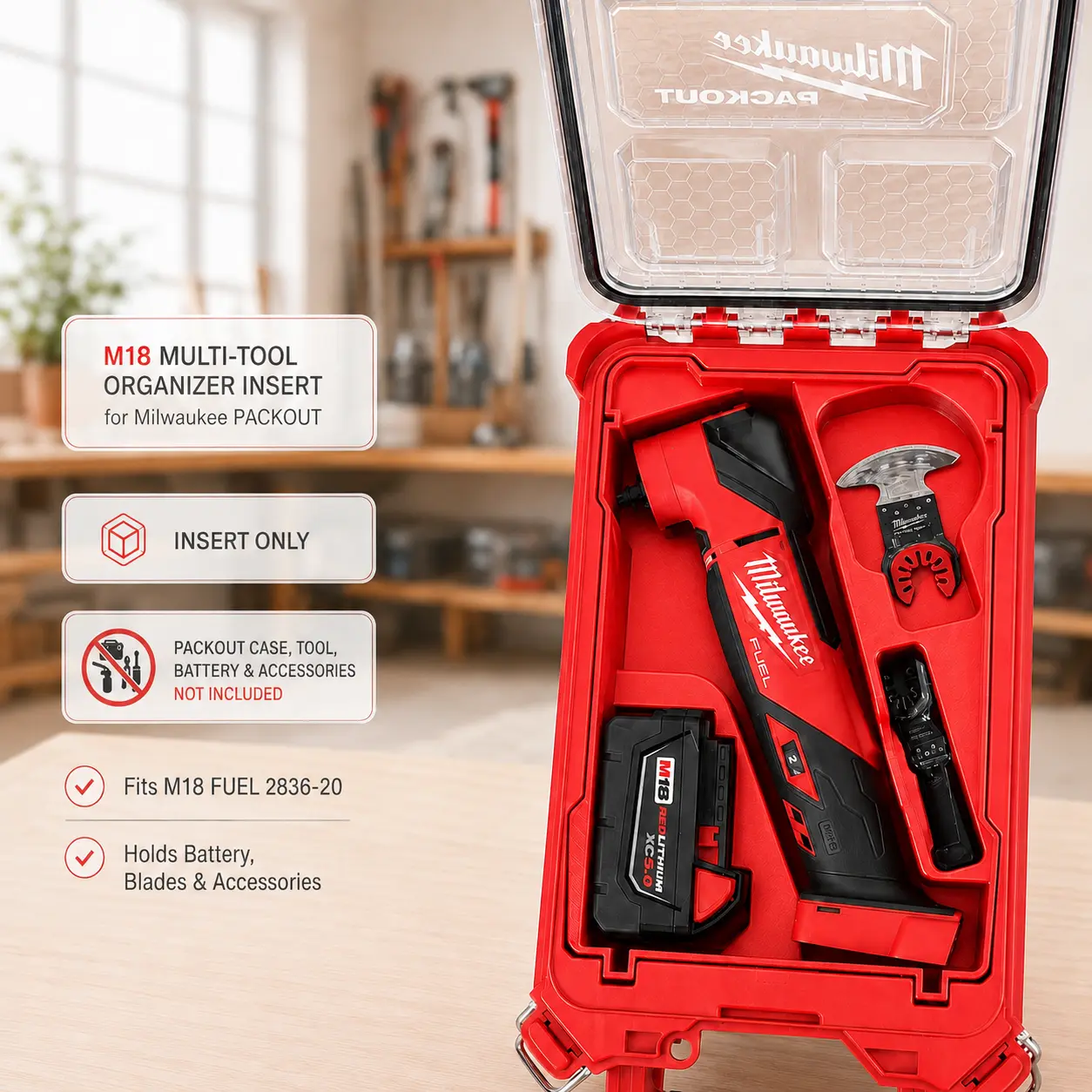 Insert for Milwaukee M18 FUEL Multi-Tool 2836-20 | Holds M18 Battery, Blades & Accessories | Fits Milwaukee PACKOUT 48-22-8435 | Insert Only