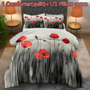 3-piece gray poppy pattern quilt set (1 quilt + 2 pillowcases without pillow inserts), featuring U-shaped quilting. The quilt contains 200gsm filling, suitable for all seasons. It is breathable, skin-friendly, soft, durable, and machine-washable, ideal fo
