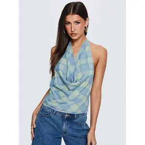 Karelyn Plunge Neck Top Teal Check