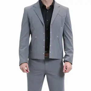 Men's Grey Western Suit Set - Classic Fit, Button-Down, Plain Design