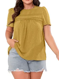 [1X-5X]Plus Size Women's Summer Tops Round Neck Short Sleeve Chiffon Shirt with Flowing Lace Hem Bohemian Clothing Trend 2025 - Fit