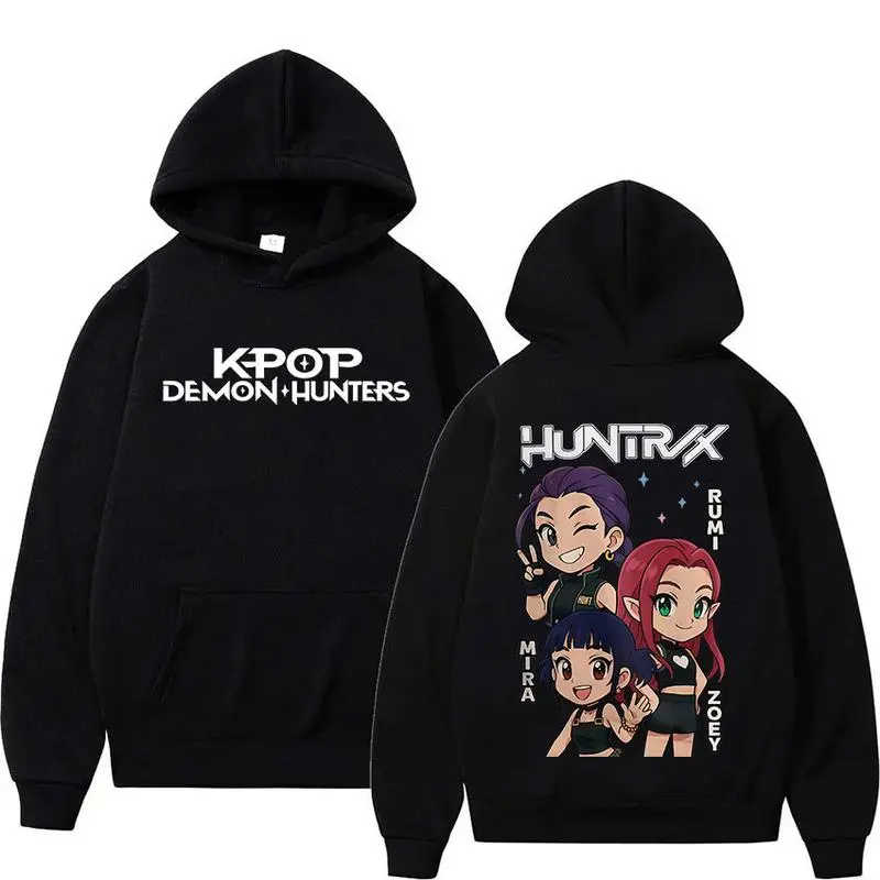 2025 K - pop Demon Hunters Film Cartoon Graphic Oversized Fleece Hoodie for Casual Wear Black Men's and Women's Long - Sleeve Pullover Tops