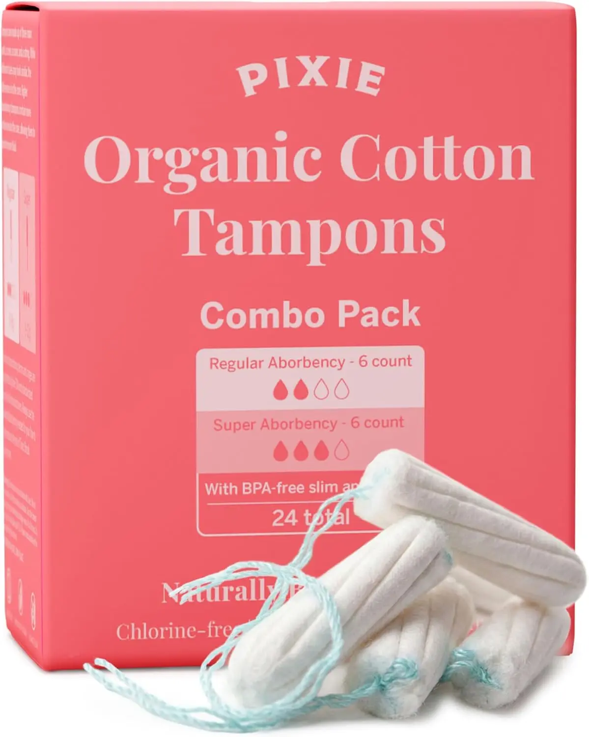 Pixie Organic Cotton Tampon Combo Pack – Regular & Super Absorbency – BPA-Free Long Applicator – Unscented, Chlorine-Free Feminine Care – 24 Count