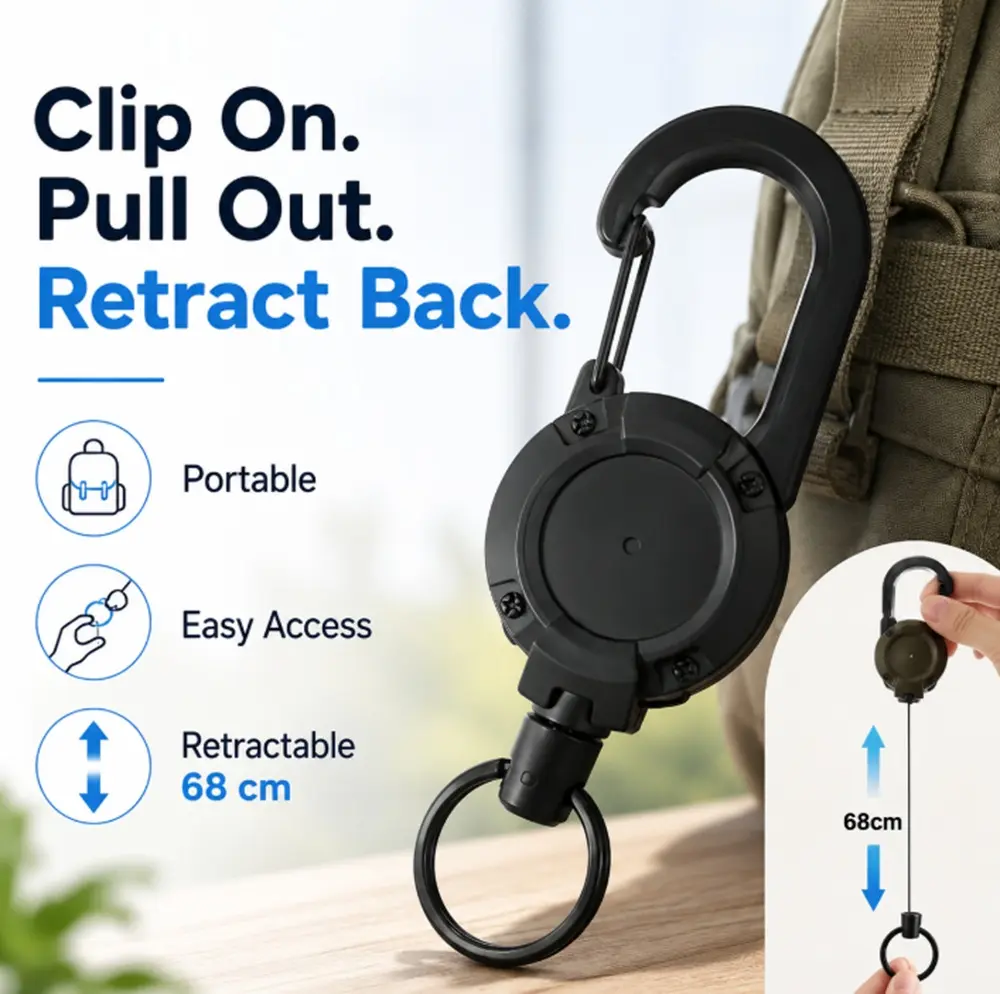 TIKA Heavy Duty Retractable Carabiner Key Chain with Steel Cord Badge Holder for Keys and ID Badges