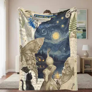 Starry Night Lake View Flannel Blanket Retro Collage and Butterfly Print Soft Warm Cozy Throw for Bedroom Living Room Reading Nook Cottagecore Home Decoration Gift