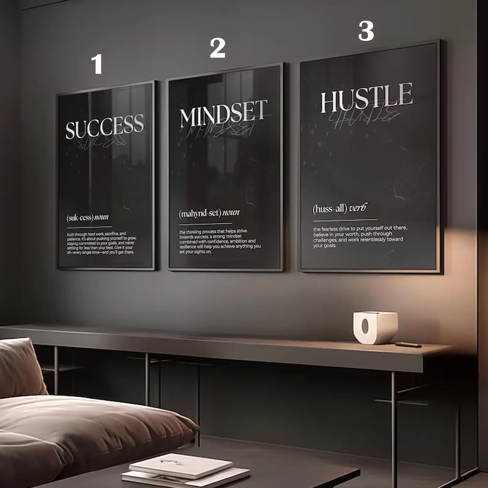 Set of 3 Motivational Wall Success Mindset Hustle Premium Wall Art Poster Masculine Decor Unframed HD Print Home Office Decor Unique Trendy Gift