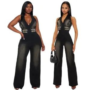 Summer Autumn Women's Black Denim Jumpsuit - Stretch Slim Fit Sleeveless Long Sexy Backless Overall Fitted Light Basic Minimalist Style