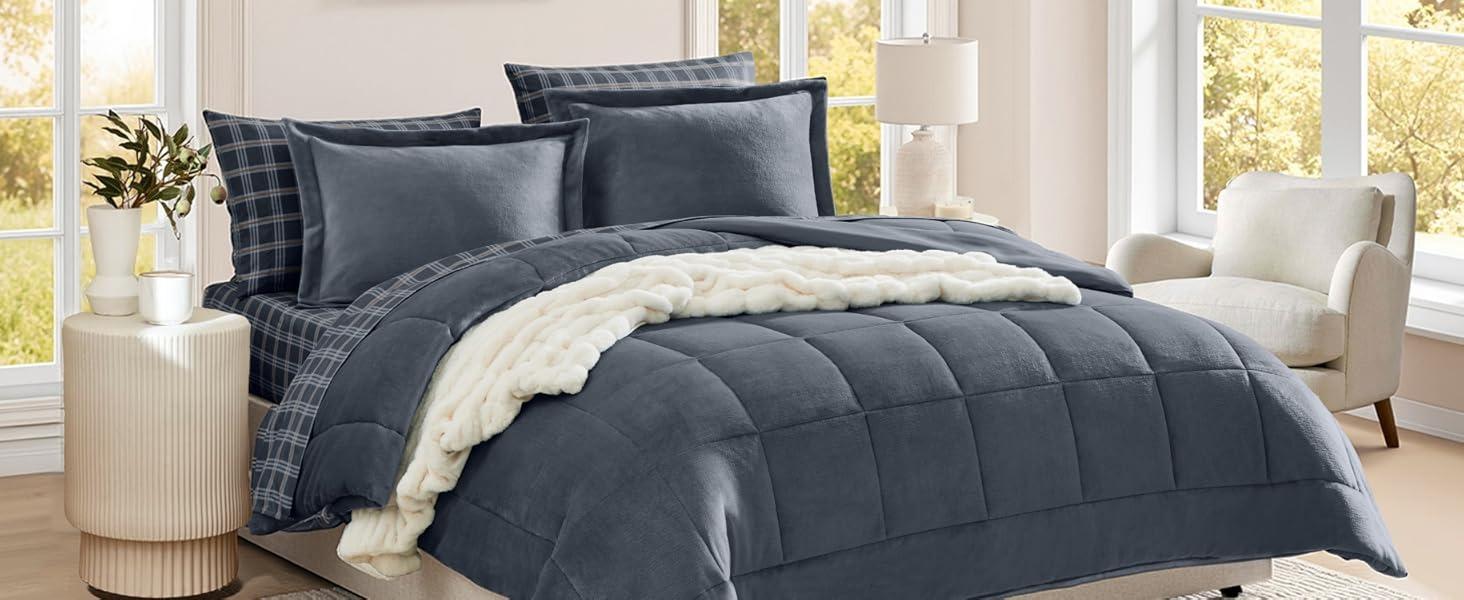 Plush Queen Comforter Set Blue Grey, Flannel Velvet Comforter Sets 7 Pieces Bed in a Bag, Soft Warm Winter Bedding Set with Sheets, Pillowcases & Shams Plush Queen Comforter Set Blue Grey, Flannel Velvet Comforter Sets 7 Pieces Bed in a Bag, Soft Warm Winter Bedding Set with Sheets, Pillowcases & Shams