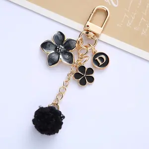 Keyring Pink Flower Letter With Hairball Keychain Phone Shell Pendant Fo Girl Gift Purse Bag Accessorie