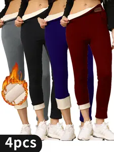 4-pack Solid Plush Leggings Warm Comfortable Casual Winter Wear for Women in Various Colors Everyday Womenswear，Outdoor Sports Trousers, Outdoor Wear，High Waist Plush Yoga Pants Outdoor Cycling Running Fitness Skiing Leggings