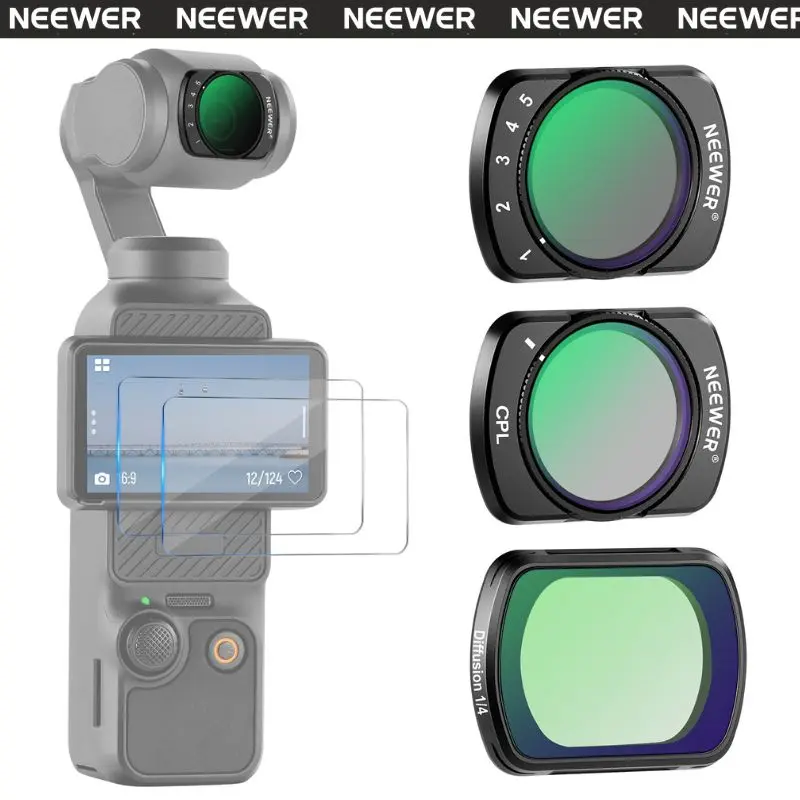 NEEWER FL-89 Magnetic Lens Filter Set for DJI Osmo Pocket 4 & 3 Creator Combo Gimbal Accessories, Adjustable ND2-32, CPL Polarizing, 1/4 Black Diffusion Filters, 2 Instant Protection Screen Protectors, Tempered Glass