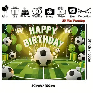 2D flat print 1 piece, football and balloon theme birthday background decoration background decoration set decoration, polyester fiber banner decoration, home decoration, room decoration, wall decoration, party decoration, holiday decoration